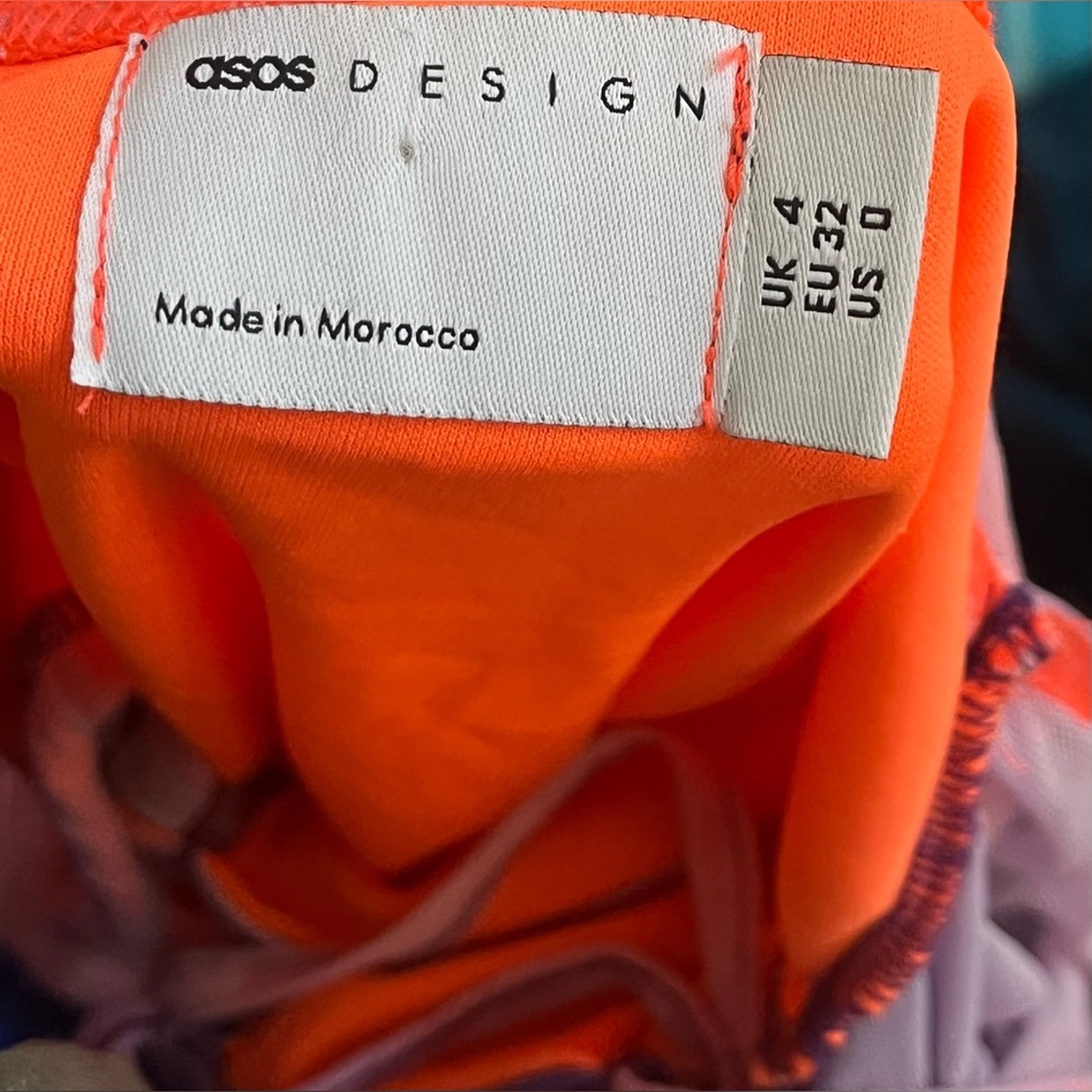 NWT ASOS Design Mesh Cut Out Mini Dress in Purple Orange Colorblock - Size 0 - Picture 4 of 5